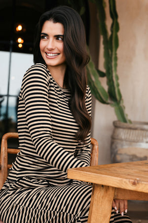 Natalia Ls Round Neck Blouse | Black Sand Stripe