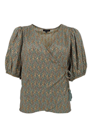 Luna Puff Sleeve Wrap Blouse | Olive Mist | Bluse fra Black Colour