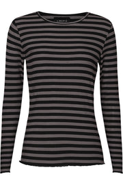 Natalia Ls Round Neck Blouse | Black Dark Grey Stripe | Bluse fra Liberté