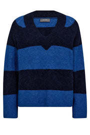 Taci Stripe LS V-Neck Knit | Maritime Blue | Strik fra Mos Mosh