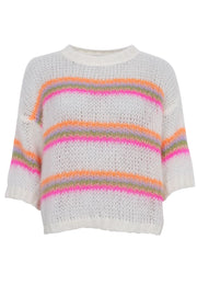 Minna Striped S/S Jumper | White Neon | Top fra Black Colour