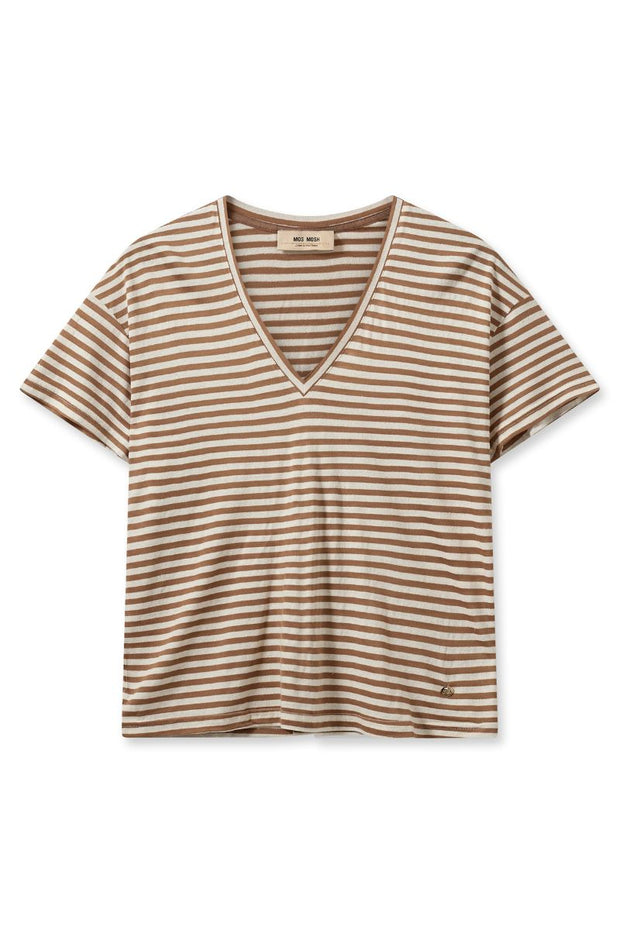 Jill V-SS Stripe Tee | Cinnamon Swirl | T-shirt fra Mos Mosh