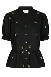 Savy Flower Emb Bluse | Schwarz | Bluse von Neo Noir