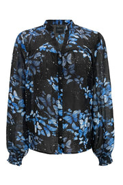 Mag Ls Vneck Shirt | Black Blue Butterfly | Skjorte fra Liberté