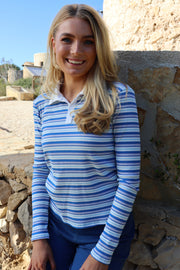 Natalia Ls Polo Blouse | Blue White Rose Stripe | Bluse fra Liberté