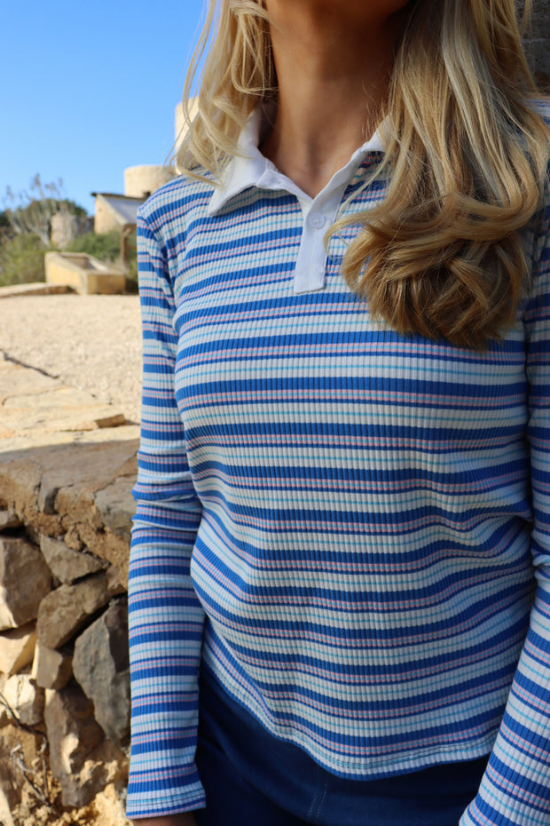 Natalia Ls Polo Blouse | Blue White Rose Stripe | Bluse fra Liberté