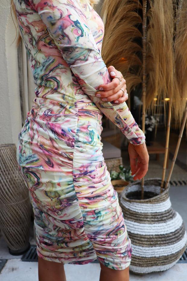 Mesh Ls Long Dress | Multi Marble | Kjole fra Liberté