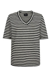 Ulla Ss Vneck Stripe Tshirt | Black White Stripe | T-Shirt fra Liberté