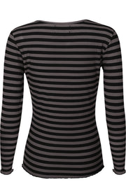 Natalia Ls Round Neck Blouse | Black Dark Grey Stripe | Bluse fra Liberté