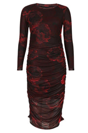 Mesh Ls Long Dress | Black Bordeaux Flower | Kjole fra Liberté