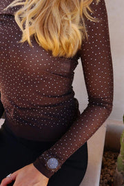 Mesh Ls Sparkle Tshirt | Dark Brown Diamond Dot | Bluse fra Liberté