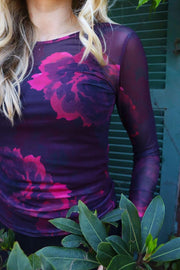 Mesh Ls Tshirt | Black Bordeaux Flower | Bluse fra Liberté