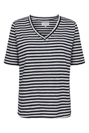 Ulla Ss Vneck Stripe Tshirt | Navy White Stripe | T-Shirt fra Liberté