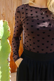 Mesh Ls Tshirt | Dark Brown Black Flock Heart | Bluse fra Liberté