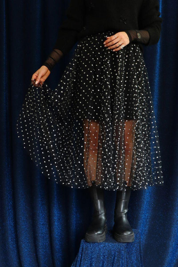 Tulle Heart Skirt | Black Small Silver Hearts | Nederdel fra Liberté
