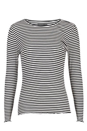 Natalia Ls Round Neck  Blouse | Black Creme Small Stripe | Bluse fra Liberté