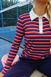 Natalia Ls Polo Blouse | Navy Red White Stripe | Bluse fra Liberté