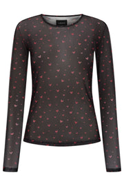 Mesh Ls Tshirt | Black Red Hearts | Bluse fra Liberté