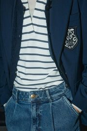 Milena SS Stripe Polo Tee | Maritime Blue | T-shirt fra Mos Mosh