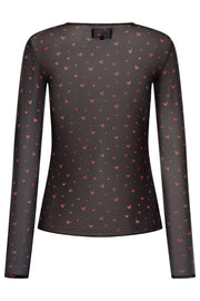 Mesh Ls Tshirt | Black Red Hearts | Bluse fra Liberté