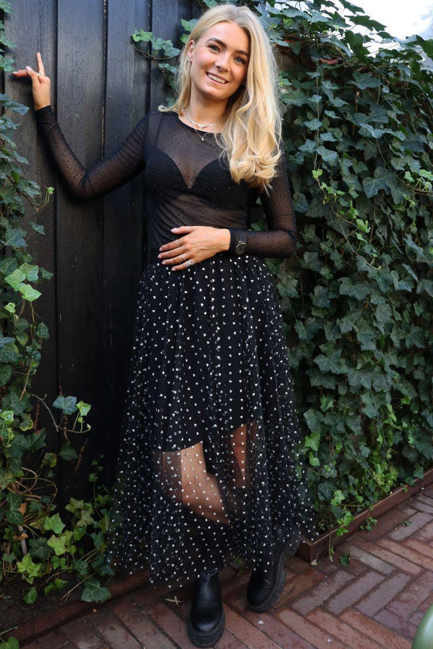Tulle Heart Skirt | Black Small Silver Hearts | Nederdel fra Liberté