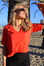 Ulla Ss Vneck Tshirt | Coral | T-Shirt fra Liberté