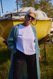 Long open cardigan in fluffy mohair 82121L | Celadon | Strik fra Atelier C