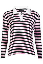 Natalia Ls Polo Blouse | Black Bubblegum White Stripe | Bluse fra Liberté