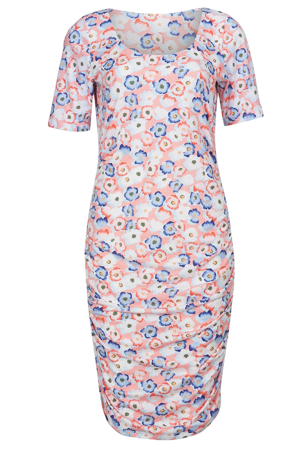 Alma Ss Turn Dress | Peachy Blue Flower | Vendbar kjole fra Liberté