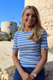 Natalia Ss Blouse | Blue White Rose Stripe | Bluse fra Liberté