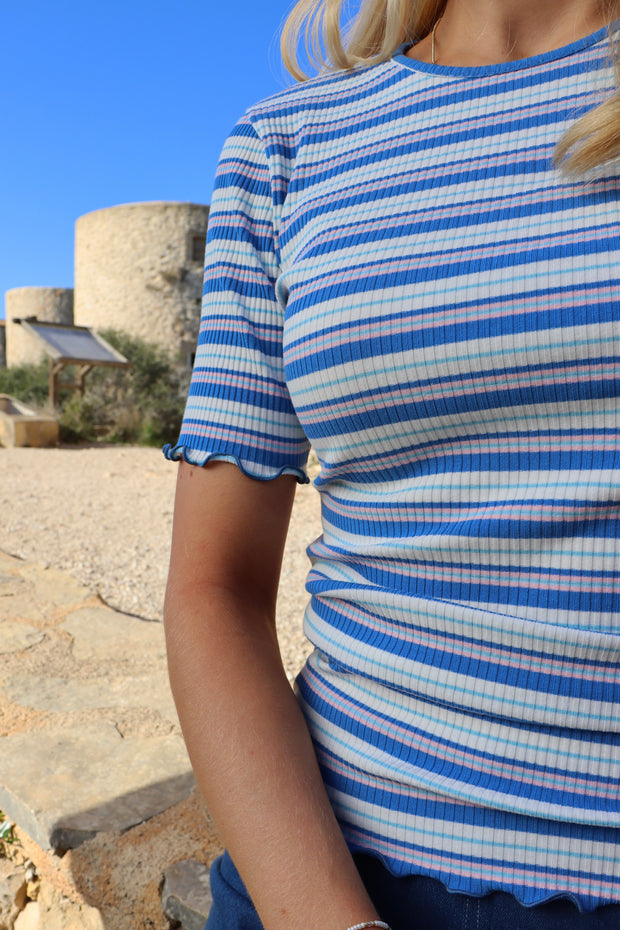 Natalia Ss Blouse | Blue White Rose Stripe | Bluse fra Liberté