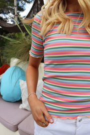 Natalia Ss Blouse | Multi Orange Pink Stripe | T-shirt fra Liberté