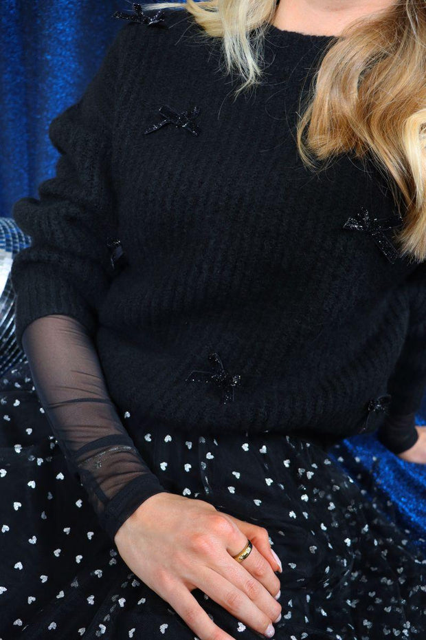 Fro Bow Pullover | Black Silver Bow | Bluse fra Liberté