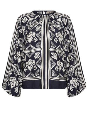 Milkey Linocut Blouse | Salute Navy | Bluse fra Mos Mosh
