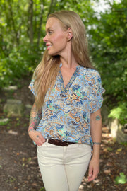 Luna Andrea S/S Top | Botanical Blue | Bluse fra Black Colour