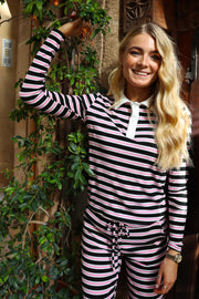 Natalia Ls Polo Blouse | Black Bubblegum White Stripe | Bluse fra Liberté