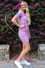 Alma Ss Turn Dress | Pink Purple Flower | Vendbar kjole fra Liberté