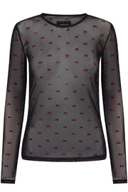 Mesh Ls Tshirt | Black Red Flock Bow | Bluse fra Liberté