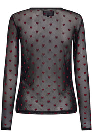 Mesh Ls Tshirt | Black Red Flock Heart | Bluse fra Liberté