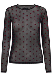 Mesh Ls Tshirt | Black Red Flock Heart | Bluse fra Liberté