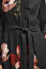 Nicole long dress with belt | Dark Chocolate w. Coral Print | Kjole fra Gustav