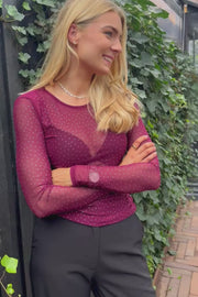 Mesh Ls Sparkle Tshirt | Bordeaux Diamond Dot | Bluse fra Liberté