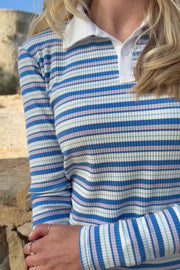 Natalia Ls Polo Blouse | Blue White Rose Stripe | Bluse fra Liberté