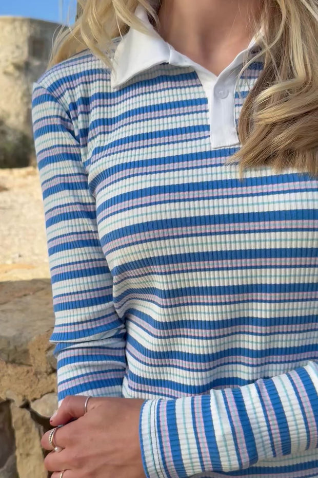 Natalia Ls Polo Blouse | Blue White Rose Stripe | Bluse fra Liberté