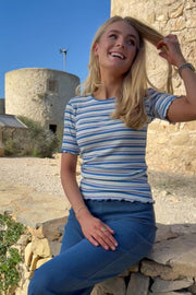 Natalia Ss Blouse | Blue White Rose Stripe | Bluse fra Liberté