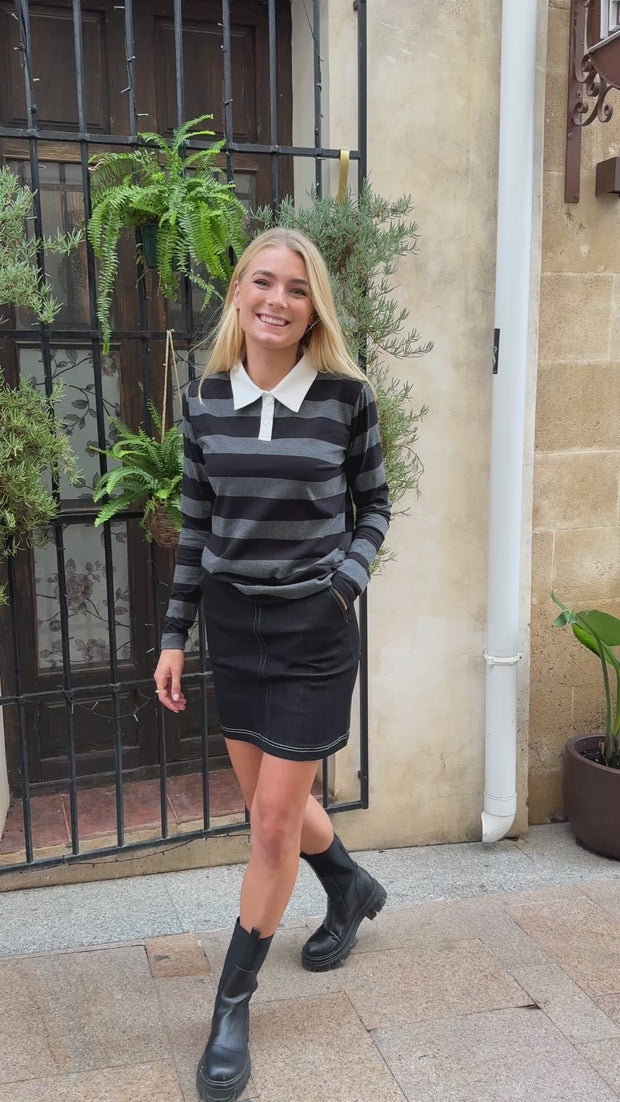 Polo Ls Shirt | Dark Grey Black Stripe | Polo fra Liberté