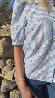 Flora Ss Blouse | Blue Stripe Red Heart | Bluse fra Liberté