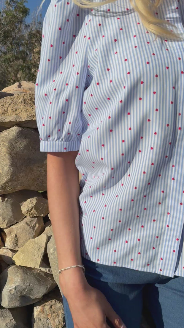 Flora Ss Blouse | Blue Stripe Red Heart | Bluse fra Liberté