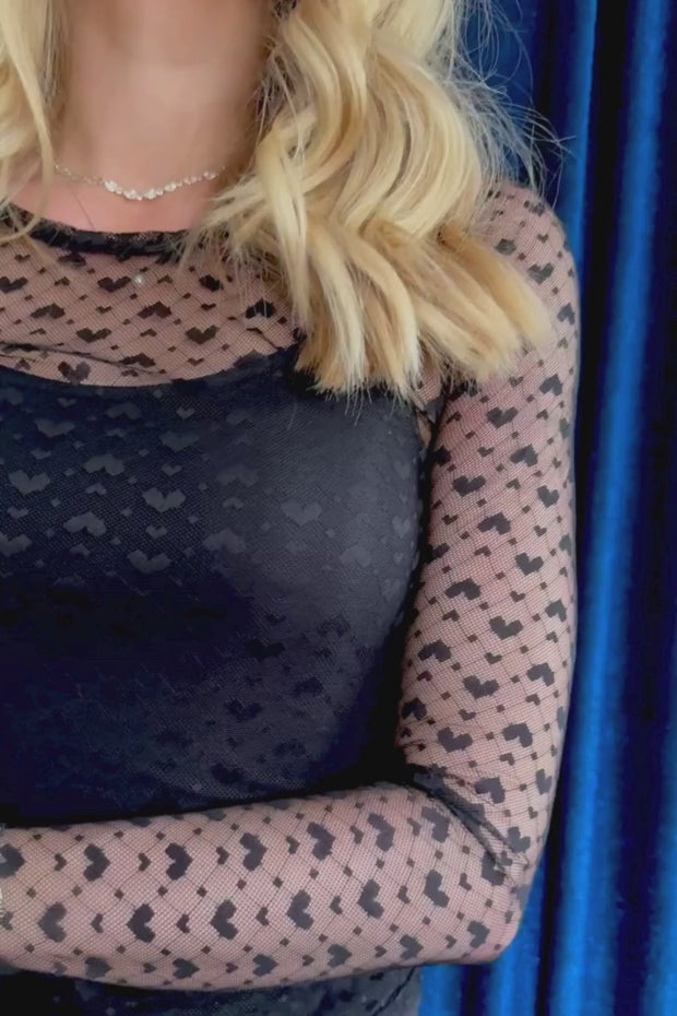 Isa Ls Lace Blouse | Black Small Big Hearts | Mesh bluse fra Liberté