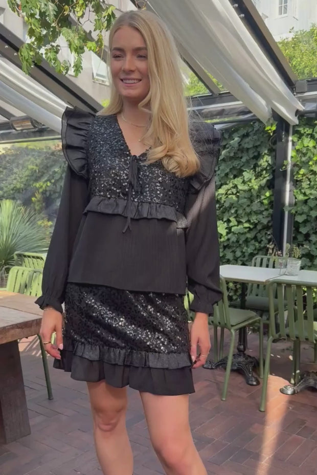 Nor Ls Frill Blouse | Black Sequins | Bluse fra Liberté